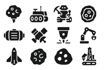 Interplanetary Mining Icons. Solid style icons of Interplanetary Mining: asteroid drill, lunar rover, mining robot, ore sample,