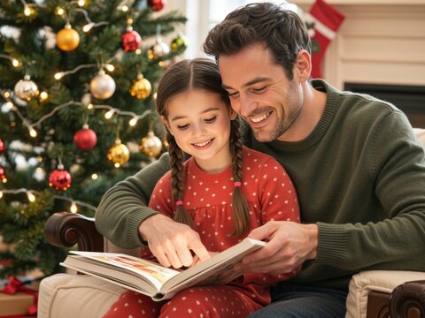 Father and daughter reading christmas story book at home