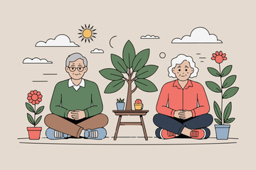 Elderly couple meditating peacefully outdoors surrounded by plants and nature