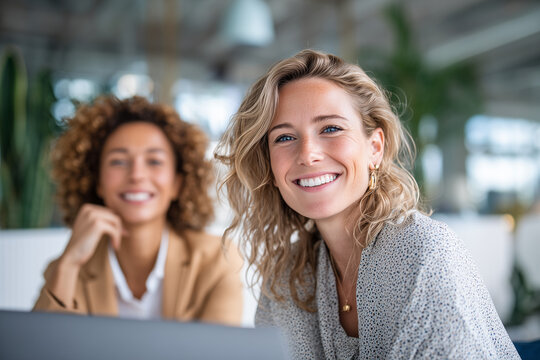 Smiling female colleagues collaborating in a bright modern office, confident young professionals sharing ideas and enjoying a positive teamwork moment
