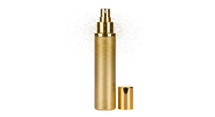 Gold Cosmetic Spray Bottle with Pump and Cap on Transparent Background