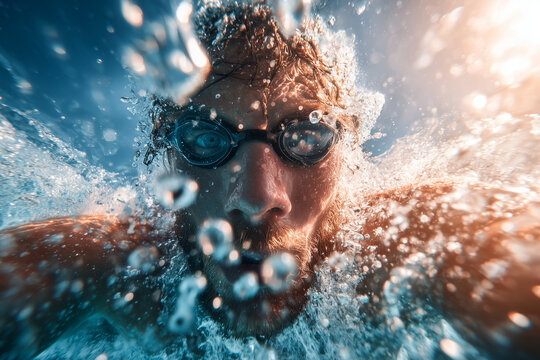 Close-up underwater portrait of a bearded swimmer wearing goggles, surrounded by bubbles and dynamic splash, conveying intense focus and motion