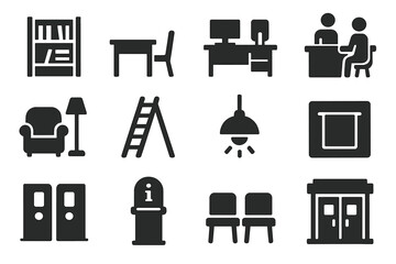 Library Infrastructure Icons. Solid style icons of library infrastructure: shelves, study desk, computer station, reference desk,