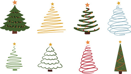 Christmas tree doodle style line art drawing outline set vector illustration