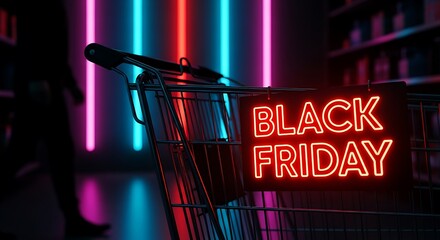 Black Friday neon sign on shopping cart with blurred figure and colorful lights sale discount