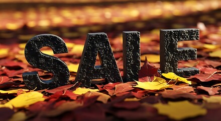 Black textured letters spelling S A L E on a bed of autumn leaves sale fall