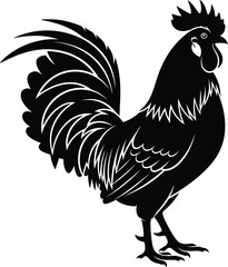 Rooster Silhouette Black and White Vector Illustration of a Gallic Cock, a Farm Bird, for Mascot, Logo, or Vintage Agricultural Design Element, isolated on white background, highly detailed.