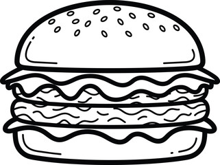 Simple black outline double hamburger doodle, cute cartoon vector illustration, fast food lunch, cheeseburger with lettuce and bun, restaurant menu element, clip art.
