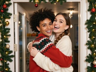 Happy diverse women hugging celebrating christmas holiday