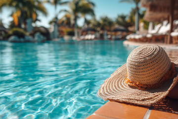 Sunhat on the poolside: serene tropical resort getaway with turquoise water, palm trees and lounge chairs for summer relaxation