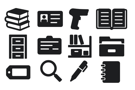 Cataloging Icons Collection. Solid style icons of cataloging: book stack, library card, barcode scanner, open ledger, filing