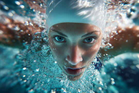Underwater close-up of a focused competitive swimmer breaking through bubbles in a pool, capturing intense athletic determination and motion