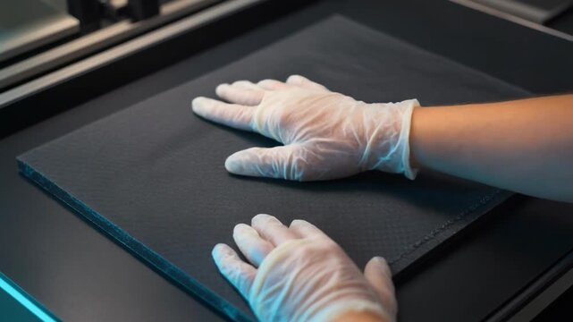 Gloved Hands Smoothing Carbon Fiber Sheet on Industrial Table.