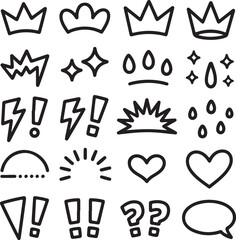 Doodle Crown, Lightning, and Heart Line Icons Pack