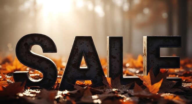 Rusty metal letters spell S A L E on wet autumn leaves sale fall - Powered by Adobe