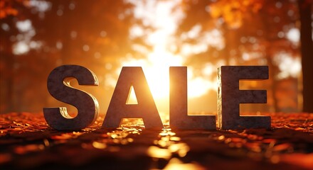 Stone letters spell S A L E on autumn leaves with golden sunset light sale fall