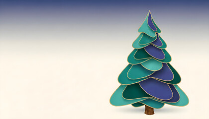 Layered paper-cut Christmas tree in teal and blue tones, modern minimalist holiday background, wide 16:9