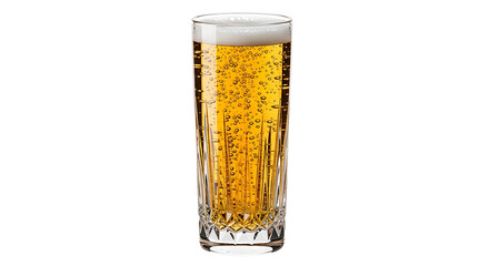 Tall Glass of Golden Beer with Bubbles and Foam on Transparent Background