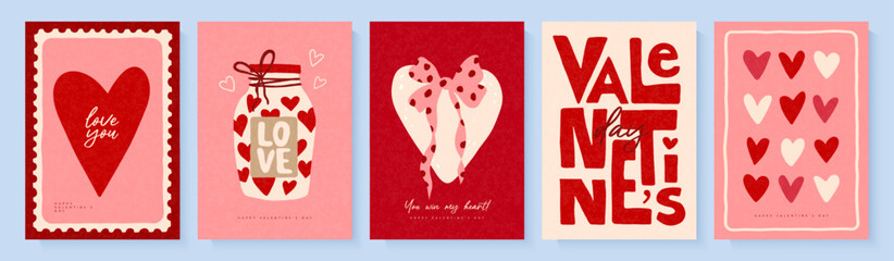 Set of Valentines Day greeting card designs in minimalist hand-drawn style with hearts and romantic illustrations, grainy texture, vector © Liliya