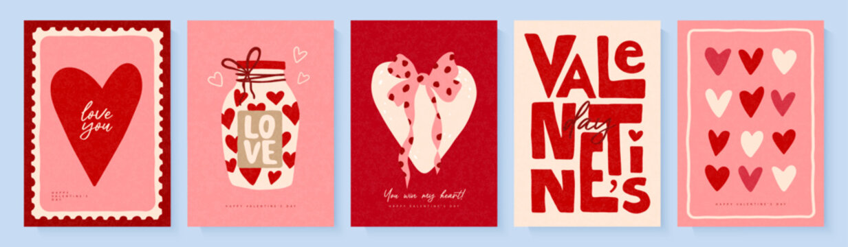Set of Valentines Day greeting card designs in minimalist hand-drawn style with hearts and romantic illustrations, grainy texture, vector