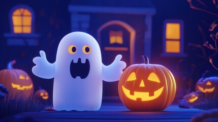 Obraz premium Halloween scary postcard scary vibes 3D illustration cartoon.