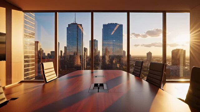 Modern conference room with large windows overlooking a city skyline during sunset, featuring a long wooden table and ergonomic chairs for business meetings