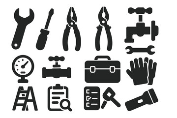 Maintenance Tools Icons. Solid style icons of maintenance tools: wrench, screwdriver, pliers, pipe cutter, gauge, valve key,