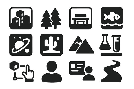 Solid Virtual Icons. Solid style icons of virtual environments: 3D city, forest, classroom, ocean, space scene, desert, mountain,