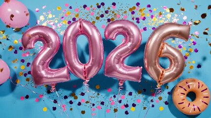 Festive pink and rose gold balloons spelling out 2026 with colorful confetti and a donut float against a bright blue background celebrating the upcoming year - Powered by Adobe