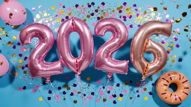 Festive pink and rose gold balloons spelling out 2026 with colorful confetti and a donut float against a bright blue background celebrating the upcoming year
