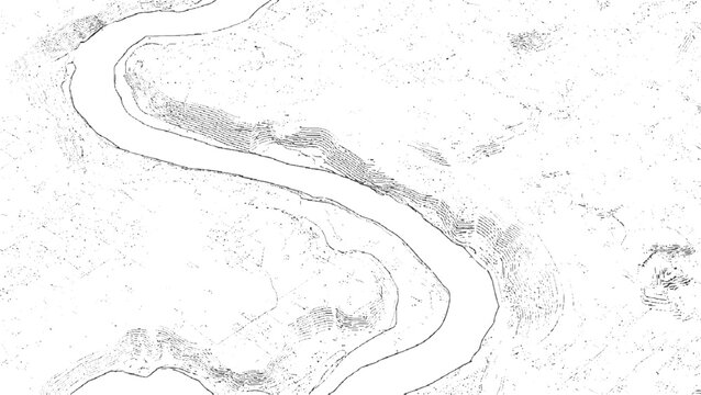 Black and white contour map of a winding river and hilly terrain with textured slopes topography