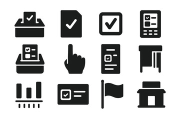 Voting System Icons. Solid style icons of voting systems: ballot box, voting paper, check mark, voting machine, ballot scanner,