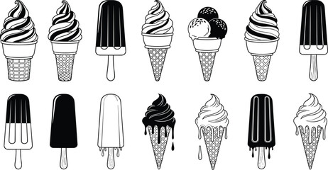 Set of assorted ice cream cones and popsicles in black and white line art style, dessert illustration collection for food design projects
