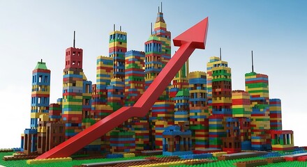 Fototapeta premium Colorful Lego Cityscape with Rising Red Arrow Symbolizing Growth.