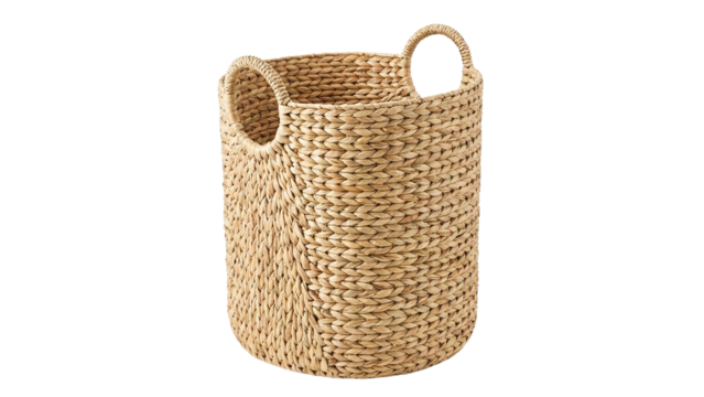 Tall woven storage basket with circular handles made of natural fiber