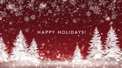 Festive winter forest scene with glowing white christmas trees and falling snowflakes against a deep red background with happy holidays message