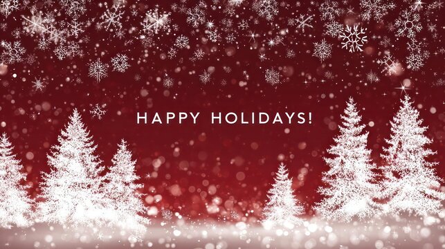 Festive winter forest scene with glowing white christmas trees and falling snowflakes against a deep red background with happy holidays message