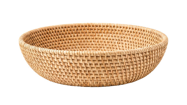 Wide shallow woven bowl basket made of natural rattan 