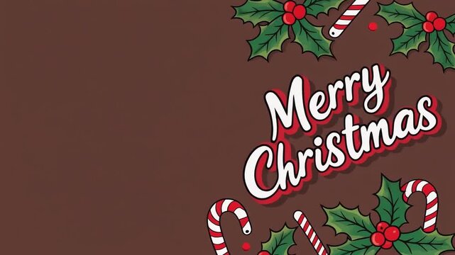 Festive Christmas illustration featuring "Merry Christmas" text, holly leaves, berries, and candy canes on a brown background.