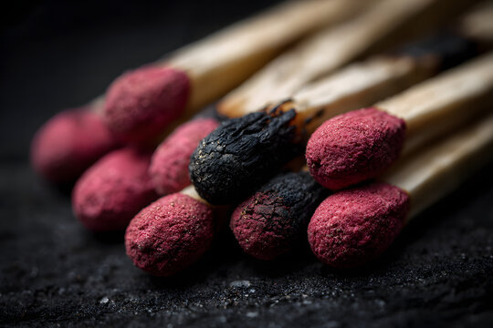 A dramatic macro photograph of wooden matches with red phosphorous tips lying on a dark textured surface. The focus draws attention to the burnt and charred match heads in the center.