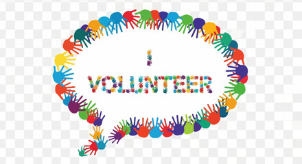 Symbolic volunteer expression in a social bubble with diverse handprints signifying togetherness