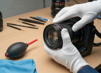 Photographer wearing white gloves carefully cleaning a professional dslr camera lens with specialist tools and accessories.