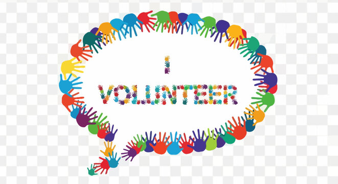 Symbolic volunteer expression in a social bubble with diverse handprints signifying togetherness