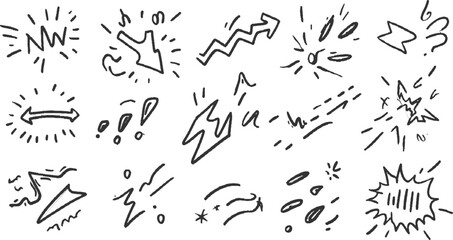 Collection of hand drawn black ink doodle arrows bursts and symbols on white background vector