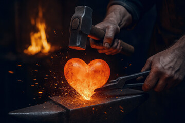 Blacksmith hammering a glowing heart on an anvil as sparks fly, concept for a strong heart forged in fire