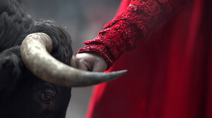 Closeup of person in red costume touching black bull horn, concept for traditional cultural event