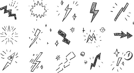 Collection of hand drawn black and white doodle icons representing energy speed and ideas sketch