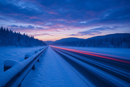 Winter highway at dusk with car light trails, snowy landscape with pink and blue sky