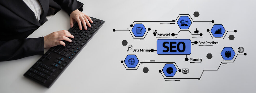A business professional types on a keyboard in a modern workspace surrounded by SEO icons and elements representing data analysis, keyword optimization, and strategic planning. Tessel