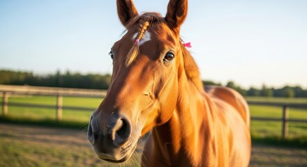 Elegant chestnut horse with braided mane and pink ribbon standing in a green pasture